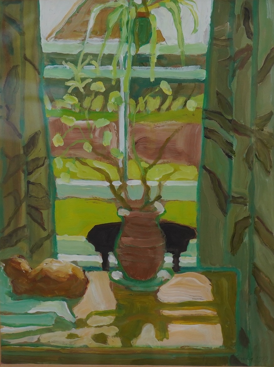 Henrietta Young, oil on paper, 'Cat by the window', signed and dated 1983, 30 x 22cm. Condition - fair to good